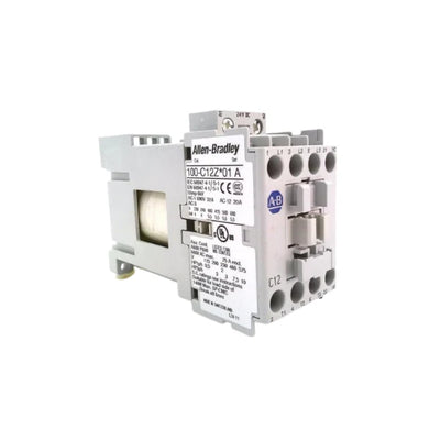 Allen-Bradley 100-C12ZJ01 compact 12A contactor with 24V AC coil, featuring NO/NC contacts, ideal for industrial applications.