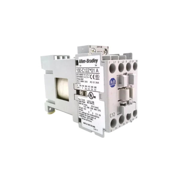 Allen-Bradley 100-C12ZJ01 compact 12A contactor with 24V AC coil, featuring NO/NC contacts, ideal for industrial applications.