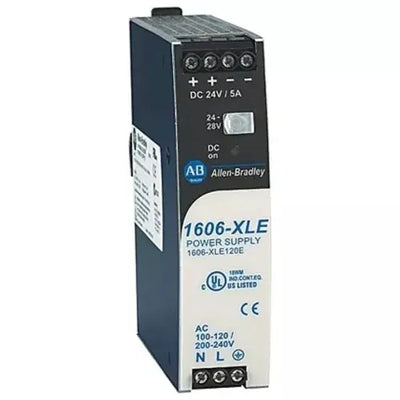 Allen-Bradley 1606-XLE120E 120W, 24–28V DC, 5A, DIN rail single-phase 120/230V AC, compact essential power supply.