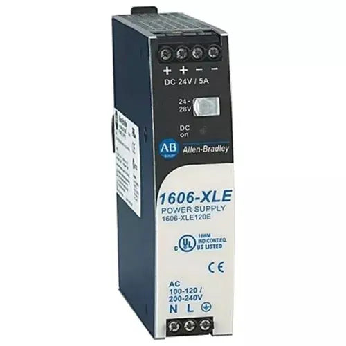 Allen-Bradley 1606-XLE120E 120W, 24–28V DC, 5A, DIN rail single-phase 120/230V AC, compact essential power supply.