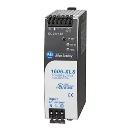 Allen-Bradley 1606-XLS120E, 120W, 24–28V DC, 120/230V AC, suited for efficient DIN rail installation.