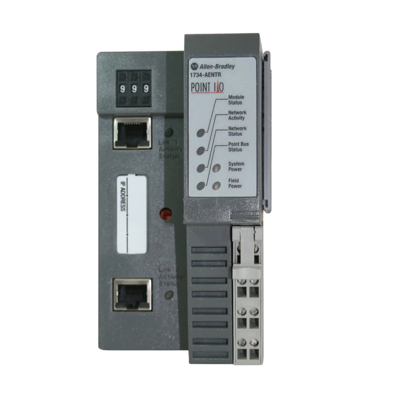 Allen-Bradley 1734-AENTR module with dual Ethernet ports for EtherNet/IP, providing enhanced control and rapid monitoring.