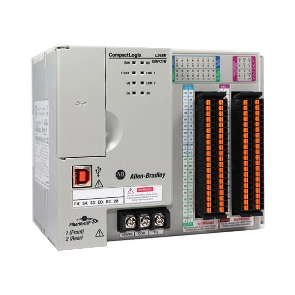 Allen-Bradley 1769-L24ER-QBFC1B CompactLogix controller, 750KB memory, digital and analog I/O, and dual Ethernet ports.