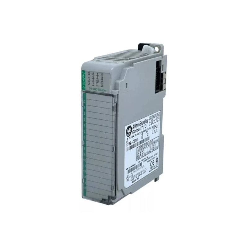 Allen-Bradley 1769-OB16, compact output module with 16 sourcing points and 24V DC for industrial automation systems.