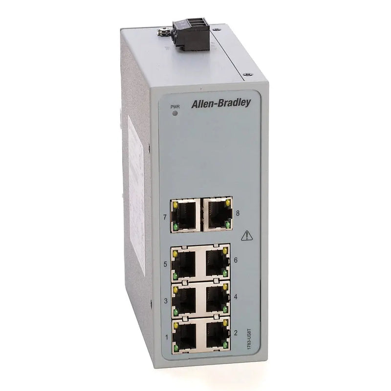 Allen-Bradley's 1783-US8T switch, compact for automation. Built for reliable network solutions in various industrial contexts.