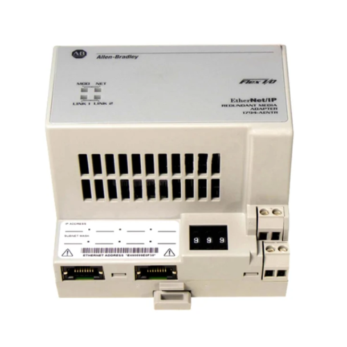 Allen-Bradley 1794-AENTR adapter for FLEX I/O. Dual Ethernet ports with DLR for distributed control systems.