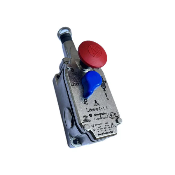 Robust emergency cable pull switch with steel body, long cable range, and E-Stop for industrial safety applications.