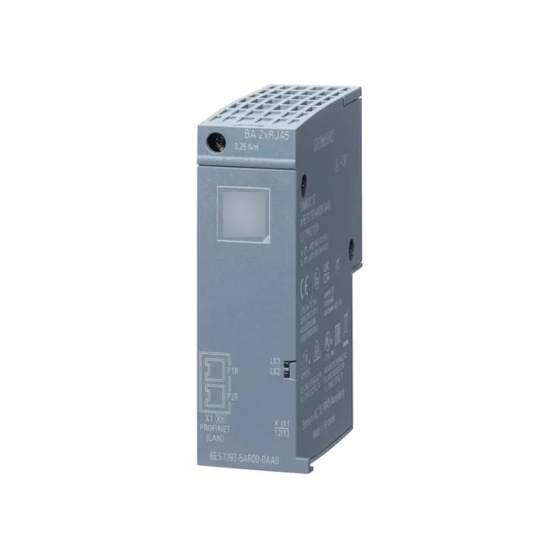 Siemens 6ES7193-6AR00-0AA0 ET 200SP Base Unit, supports industrial DIN rail installation.