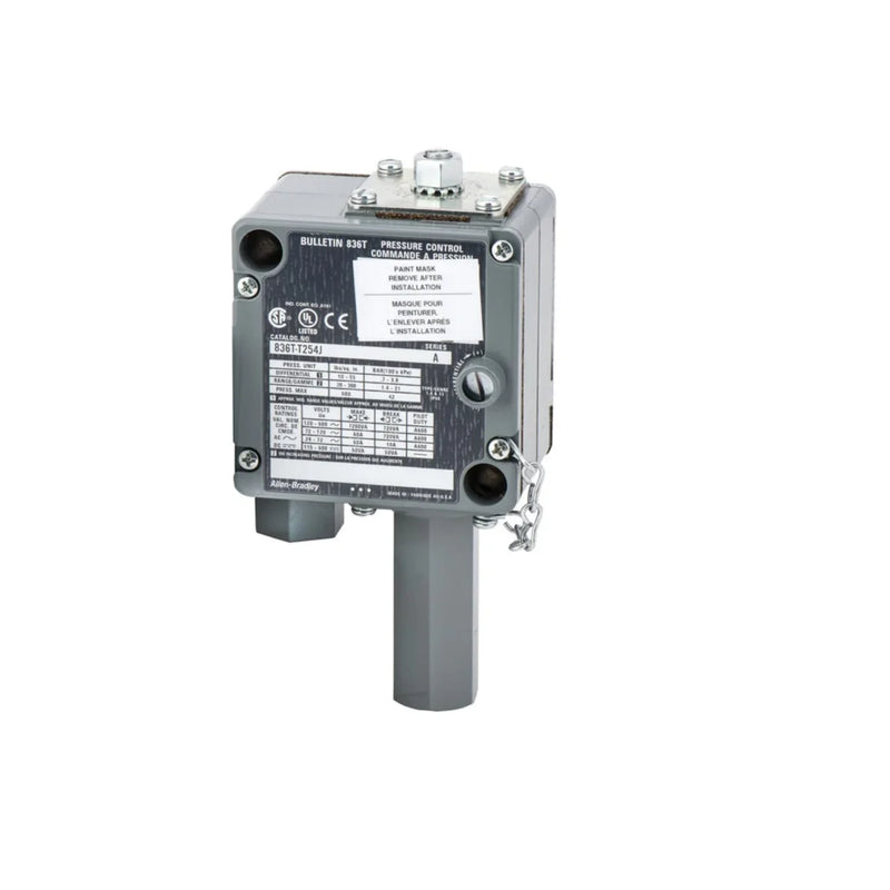 Allen-Bradley 836T-T254J Pressure Control Switch, adjustable 20-300 psi, SPDT, durable enclosure for various applications.