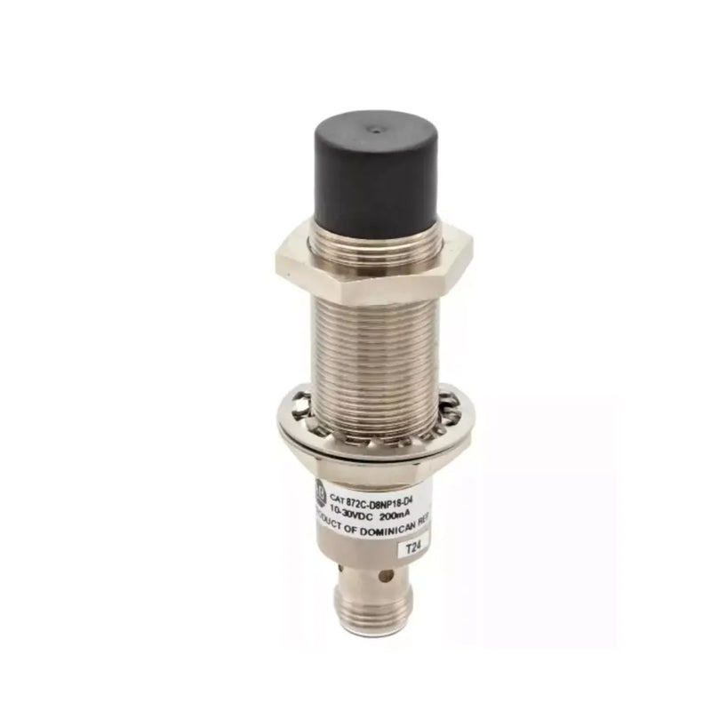 Allen Bradley 872C-D8NP18-D4 proximity sensor with 18mm barrel diameter and 8mm sensing distance for industrial applications.