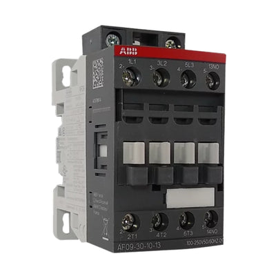 ABB AF09-30-10-13 3-pole contactor with 100–250V AC/DC coil and 1NO aux contact, rated 25 A. Ideal for motor and power control.