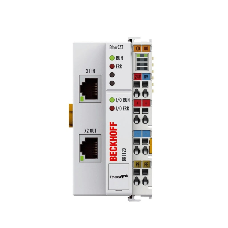 Beckhoff BK1120 EtherCAT bus coupler for seamless high-speed communication in industrial automation setups and I/O integration.