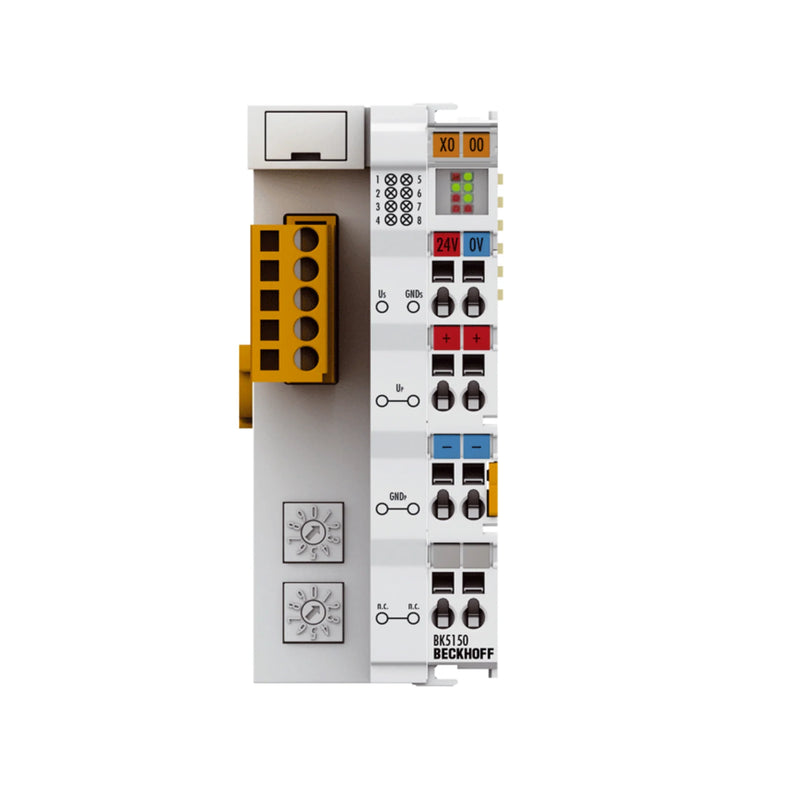 Beckhoff BK5150 PROFINET coupler for linking Bus Terminals to networks, supporting 64 terminals with real-time communication.