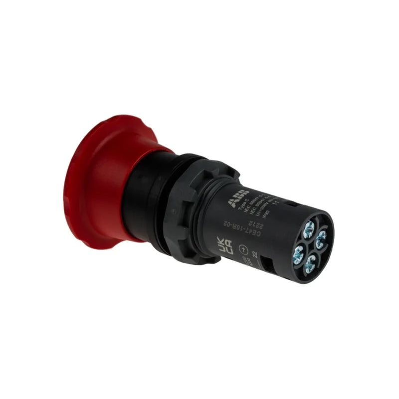Compact red emergency stop button with mushroom actuator for industrial safety.