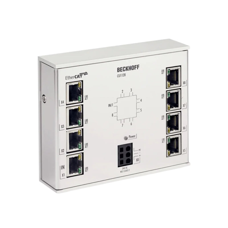 Beckhoff CU1128 industrial 8-port USB 2.0 hub, compact design, mountable on DIN-rail, ideal for automation expansion
