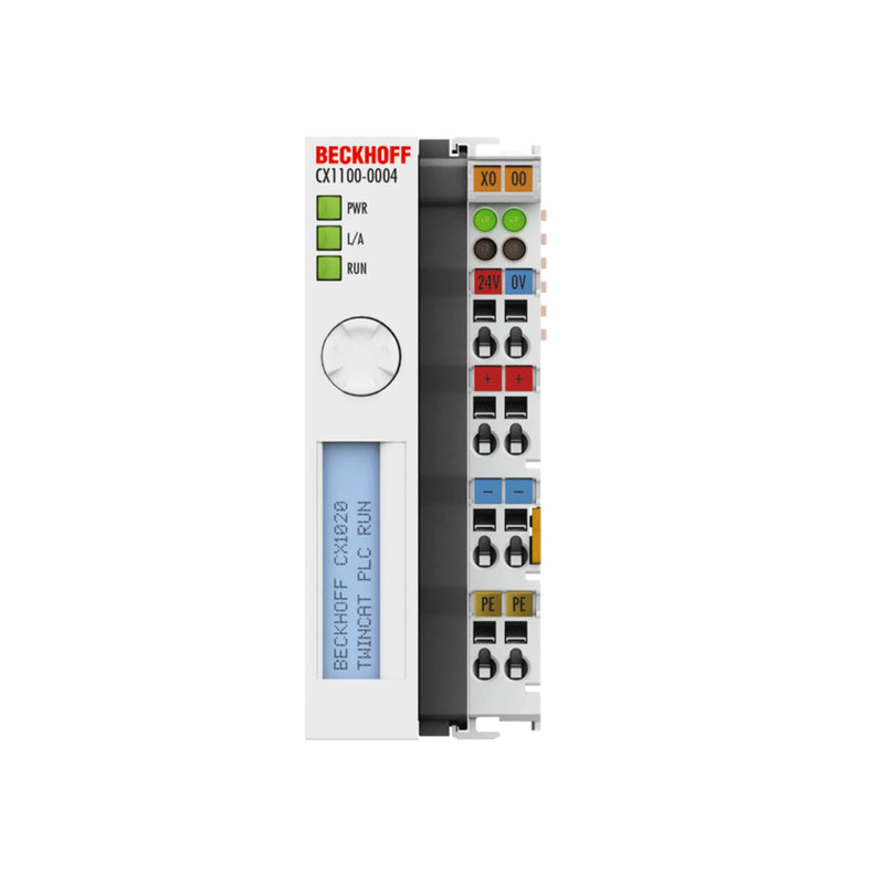 Beckhoff CX1100-0004 module, 24V DC, with system interface for CX PCs, ensuring reliable operation and modular expansion.