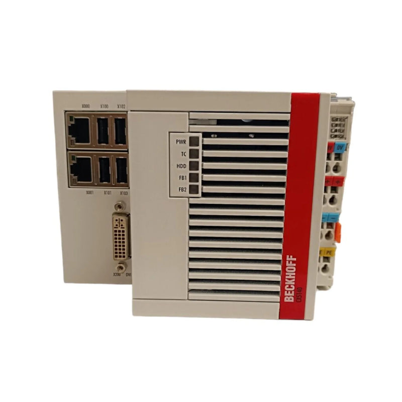 Beckhoff CX5140 PC, quad-core Intel Atom, fanless DIN-rail industrial controller.