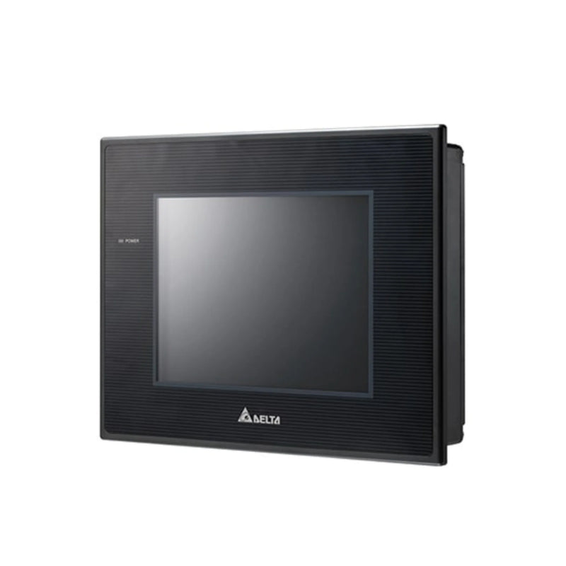 Delta DOP-B05S111 5.6-inch HMI with 320x234 resolution, 24V DC input, and multiple communication ports for industrial automation.