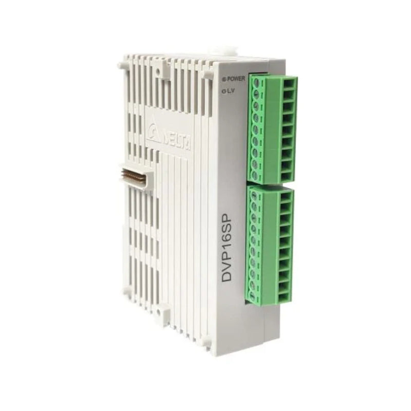 Delta DVP16SP11R PLC module with 16 I/O points and relay outputs for compact industrial automation using DVP-SS2 series logic.