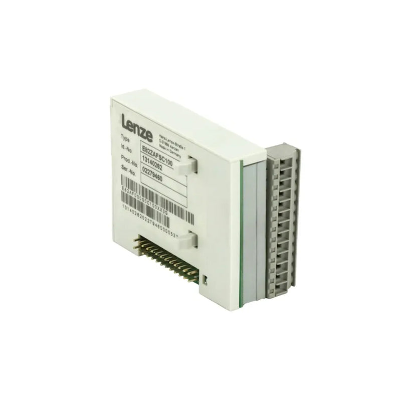 Compact Lenze E82ZAFSC100 I/O module with analog and digital connections for efficient signal management in industrial uses.