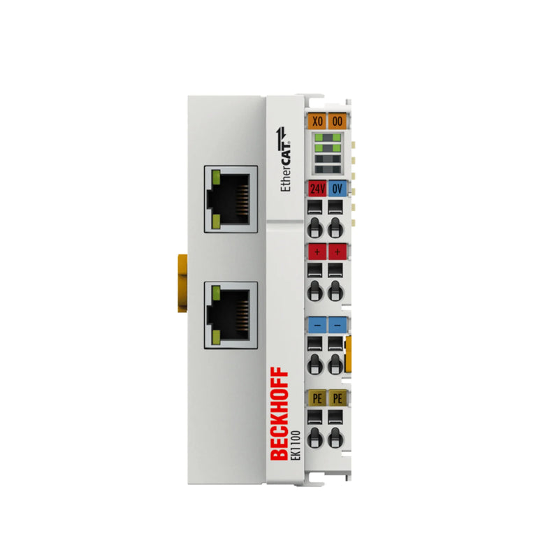 Beckhoff EK1100 EtherCAT module for automation, high-speed communication and seamless I/O integration in industrial settings.