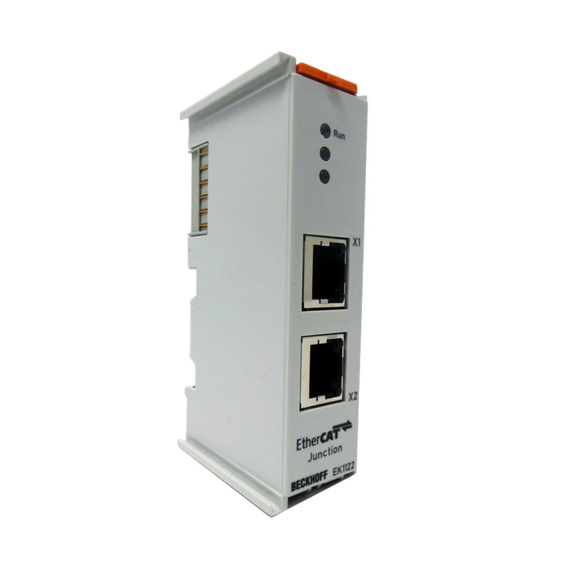 Compact Beckhoff EK1122 EtherCAT terminal, designed for DIN-rail with Hot Connect feature in 2-port setup.
