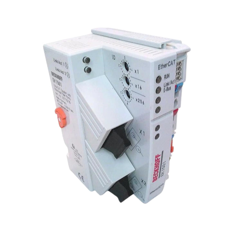 Compact Beckhoff EK1501 coupler with RJ45 EtherCAT, DIN-rail compatible for efficient connectivity