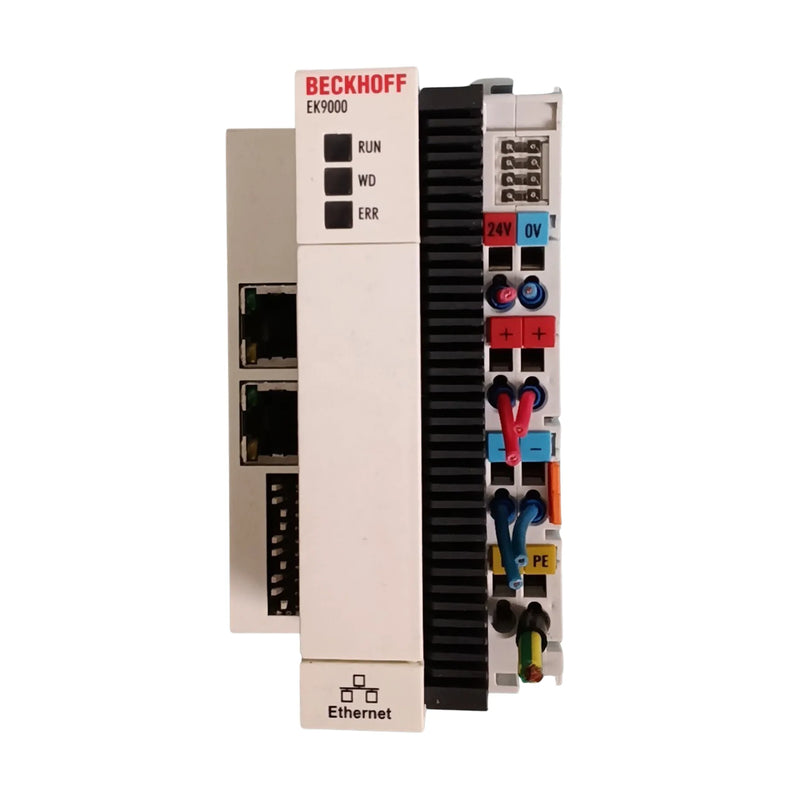Beckhoff EK9000 Ethernet coupler enables seamless integration; supports EtherCAT, Modbus TCP; DIN-rail mount design