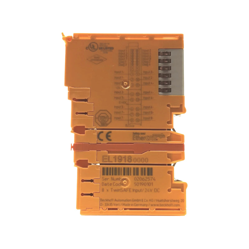 Beckhoff EL1918 TwinSAFE with 8 secure inputs, SIL 3 compliant, compatible with EtherCAT and DIN-rail.