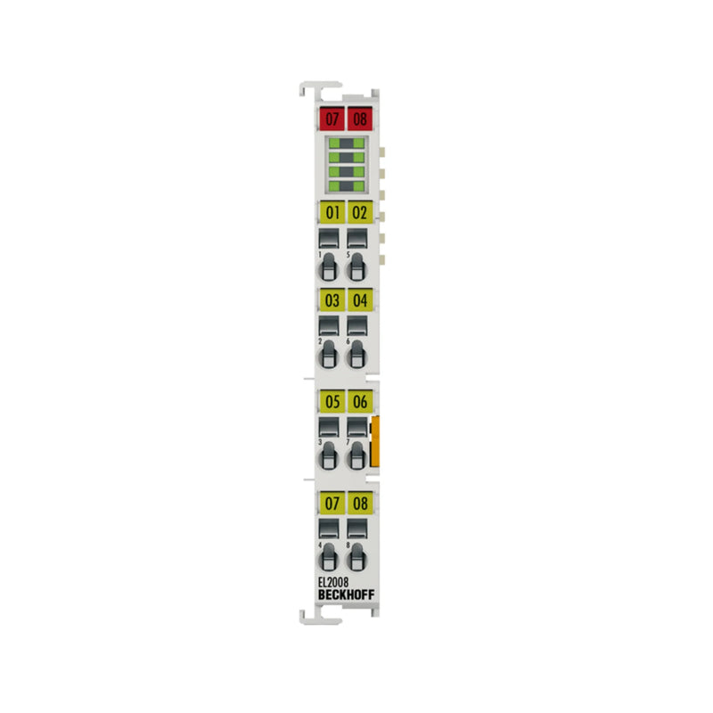 Beckhoff EL2008, 8-channel 24V DC digital output terminal, ensuring dependable and swift signal switching for automation.