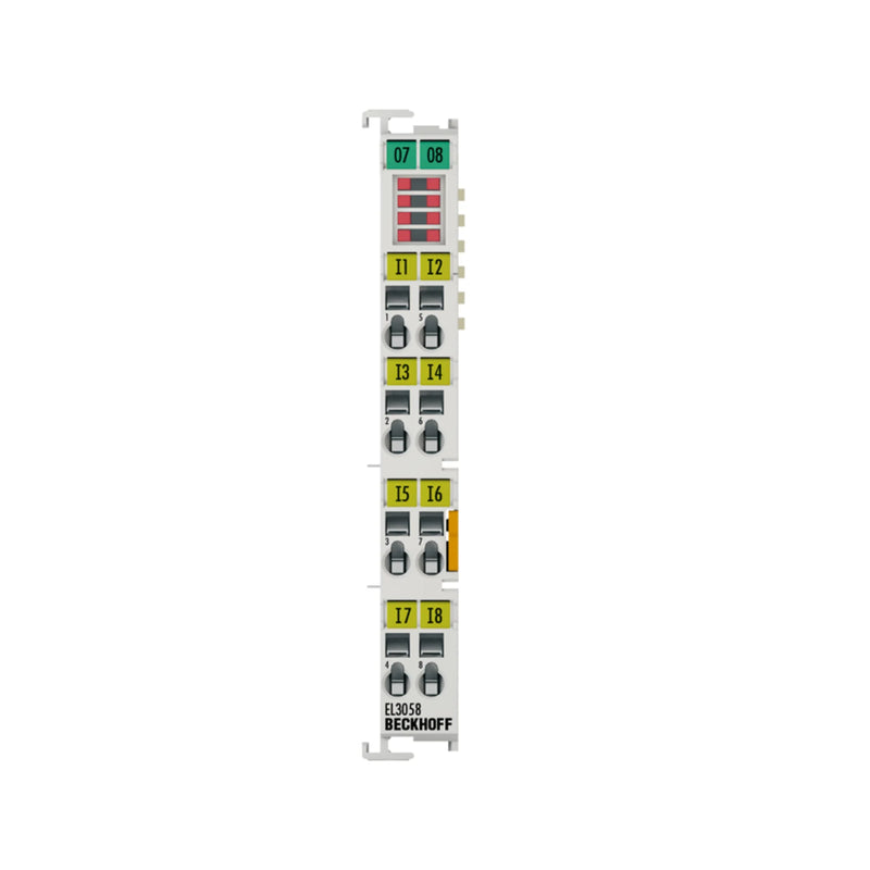 Beckhoff EL3058 terminal, 8-channel 0–10V monitoring with 12-bit precision, ideal for EtherCAT systems.