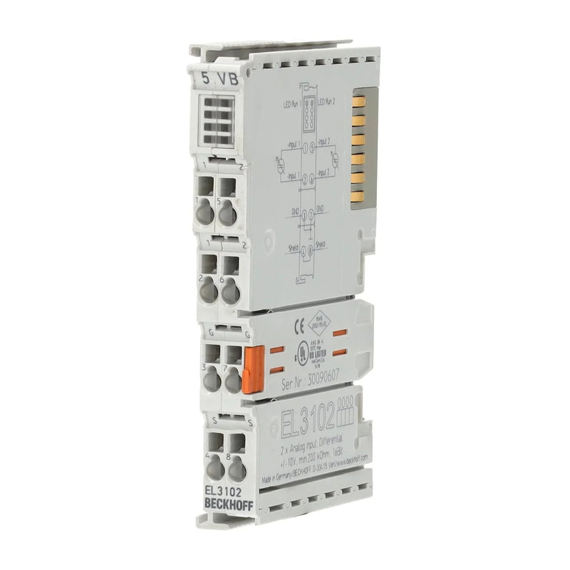 Beckhoff EL3102 input terminal, 2-channels, ±10V, 16-bit resolution, EtherCAT, mounts on DIN-rail