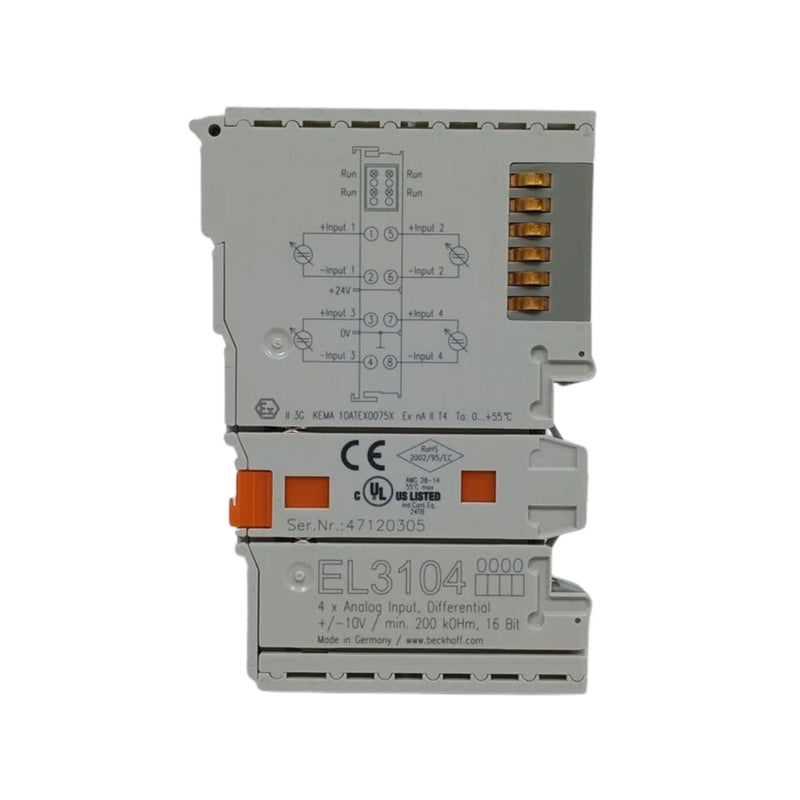Beckhoff EL3104 input terminal, 4-channel, ±10 V, 12-bit resolution for precise voltage measurements