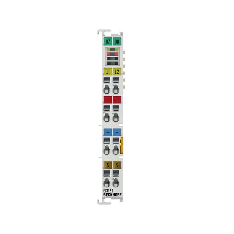 Beckhoff EL3152 terminal for precise voltage measurement in automation systems, featuring 2-channel ±10V and 16-bit resolution.