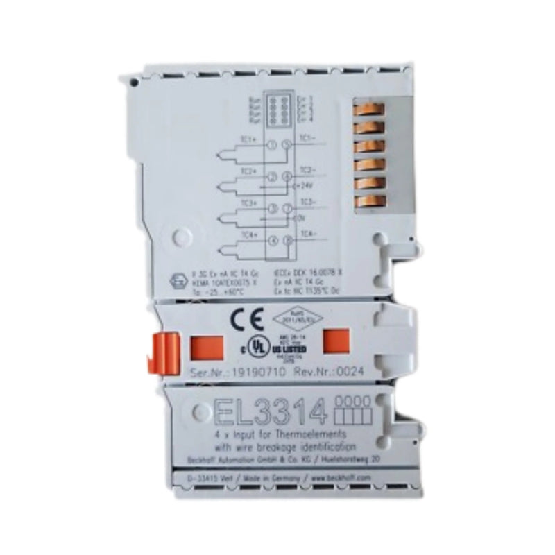 EL3314 thermocouple input terminal by Beckhoff, offering high-precision temperature monitoring with 4-channel capability