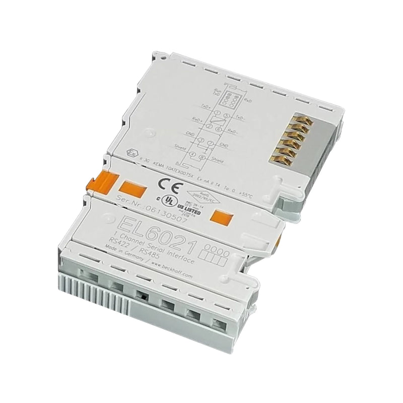 Beckhoff EL6021 terminal, RS422/RS485, 1-channel for EtherCAT, compact industrial device communications, DIN-rail mountable.