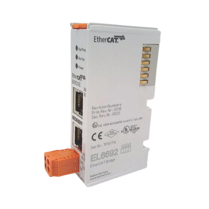 Beckhoff EL6692 EtherCAT bridge terminal with dual-port design for efficient data exchange, compact and reliable.