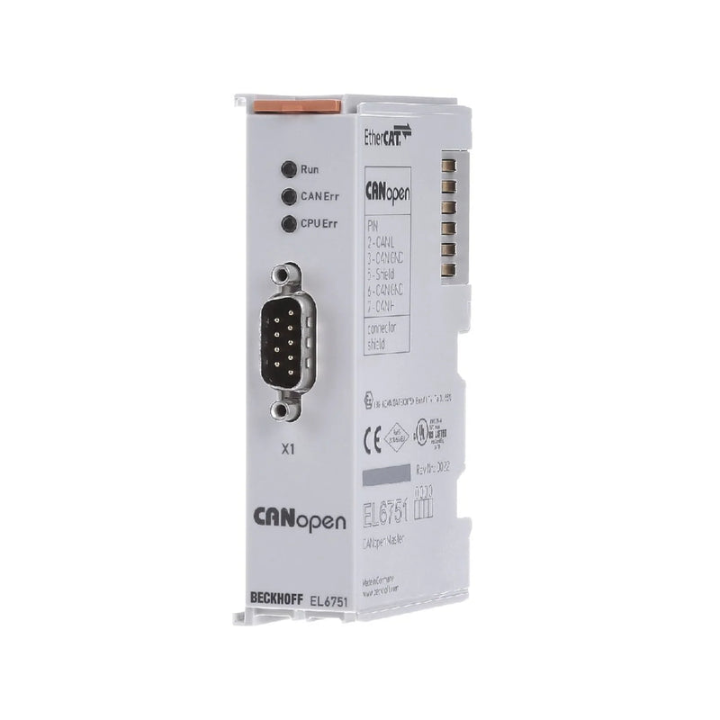 Beckhoff EL6751 terminal as CANopen master, single-channel, integrates with EtherCAT, DIN-rail mounted