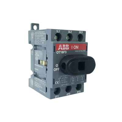 ABB OT16F3 switch-disconnector, 3-pole, front-operated, base mount, DIN-rail compatible, secure clamp terminals.