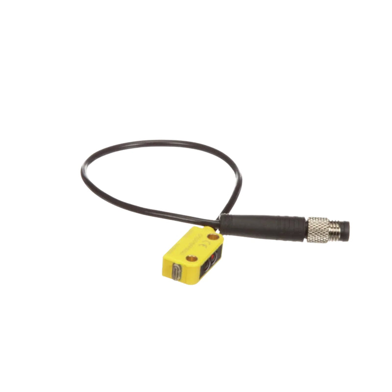 Banner Q12AP6FF50Q3 compact sensor, diffuse mode, PNP output, 50 mm range, IP67 protection.