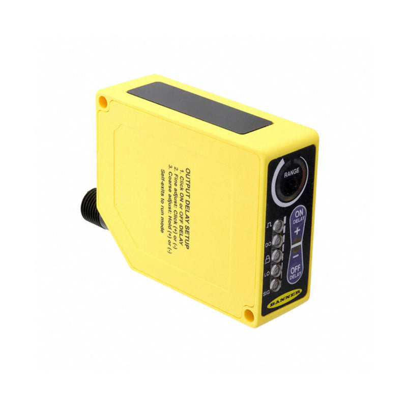 Banner Q60VR3AF2000Q1 infrared sensor with adjustable field, long-range detection, and robust IP67-rated housing.