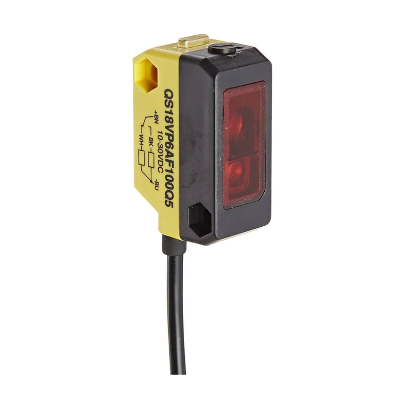 Banner QS18VP6AF100Q5 sensor with PNP output and IP67 housing for robust industrial object detection.