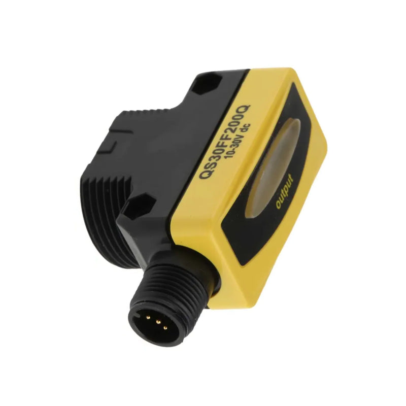 QS30FF200Q ultrasonic sensor with PNP output, IP67 housing, suited for industrial object detection applications.