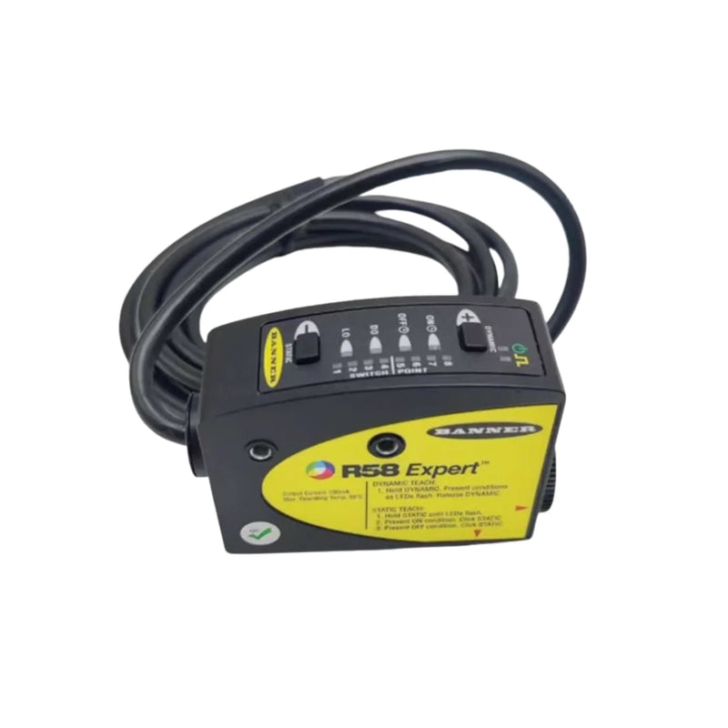 Compact R58ECRGB1 with RGB LED, fixed focus, bipolar outputs, and IP67 rating for precise marking tasks.