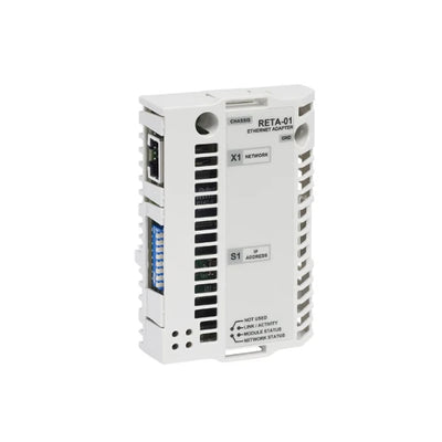 ABB RETA-01 Ethernet module for ACS drives. Facilitates Modbus TCP and Ethernet/IP. Simplified plug-in design for networks.