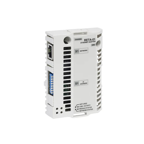 ABB RETA-01 Ethernet module for ACS drives. Facilitates Modbus TCP and Ethernet/IP. Simplified plug-in design for networks.