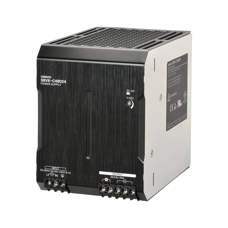 Omron S8VK-C48024 480W power supply with 24V DC output, DIN rail mount, wide AC input range, compact design for industrial control systems.