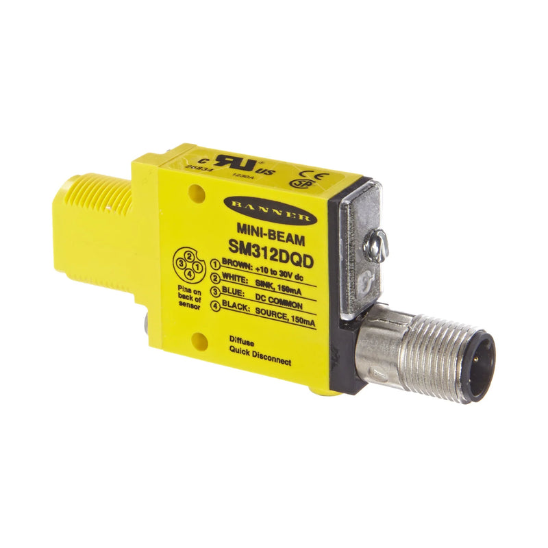 Sensor SM312DQD by Banner Engineering, diffuse mode, 200 mm range, 10–30 V DC, quick-disconnect