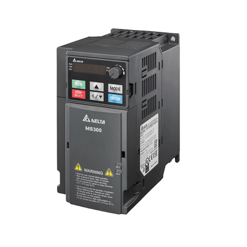 Delta VFD5A5MS43ANSAA 3HP 460V 3-phase variable frequency drive from MS300 series, featuring vector control and built-in PLC for industrial automation.