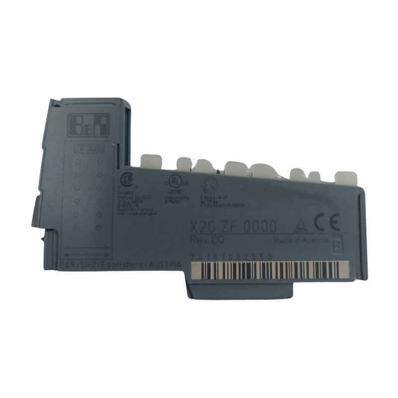 B&R X20ZF0000 terminal for grounding shielded cables in X20 systems. DIN rail mount ensuring EMC compliance.